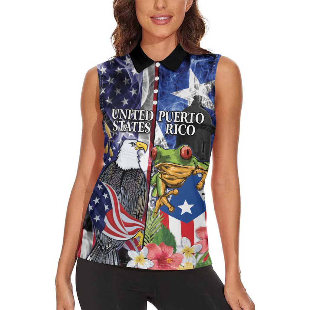 United States Puerto Rico Women Sleeveless Polo Shirt USA Eagle Coqui Drum Tropical Flowers - Wonder Print Shop