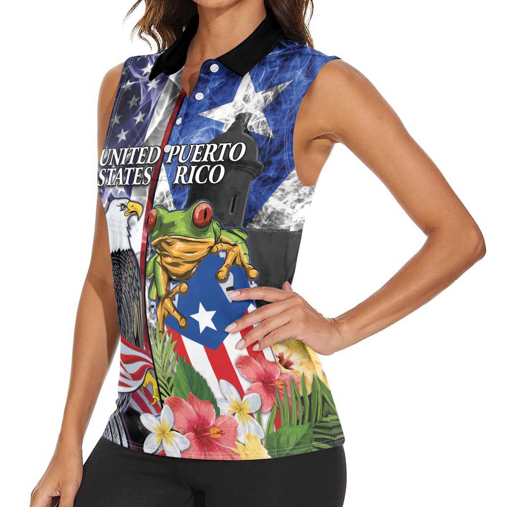 United States Puerto Rico Women Sleeveless Polo Shirt USA Eagle Coqui Drum Tropical Flowers - Wonder Print Shop