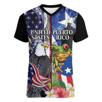 United States Puerto Rico Women V-Neck T-Shirt USA Eagle Coqui Drum Tropical Flowers - Wonder Print Shop