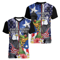 United States Puerto Rico Women V-Neck T-Shirt USA Eagle Coqui Drum Tropical Flowers - Wonder Print Shop