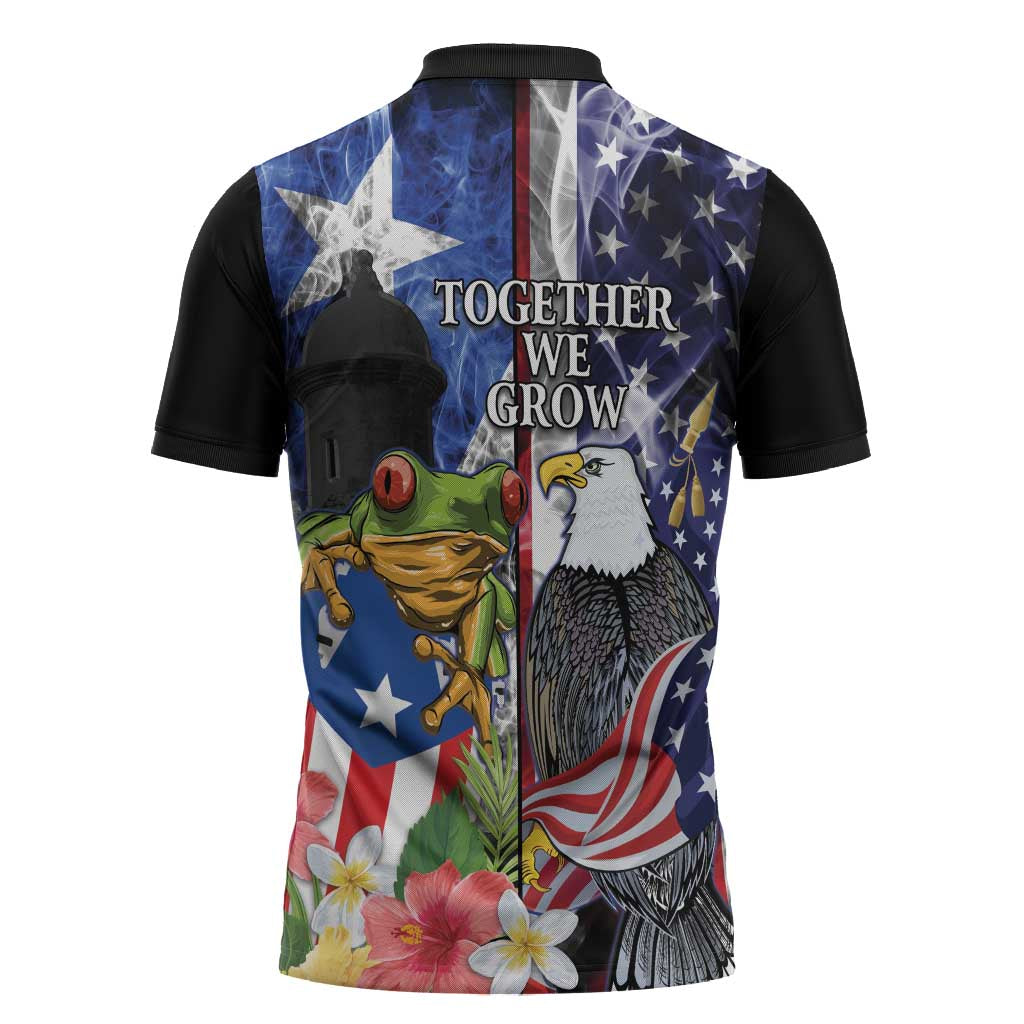 United States Puerto Rico Zipper Polo Shirt USA Eagle Coqui Drum Tropical Flowers - Wonder Print Shop