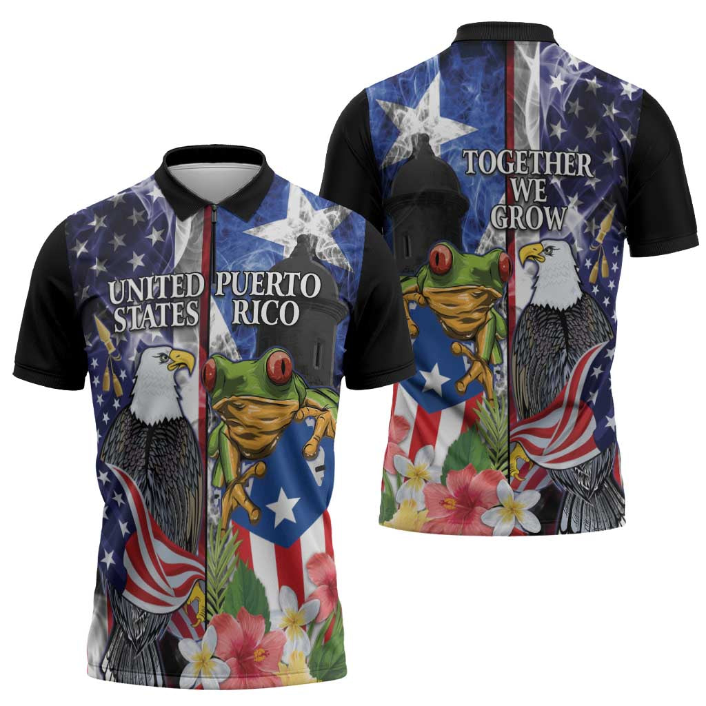 United States Puerto Rico Zipper Polo Shirt USA Eagle Coqui Drum Tropical Flowers - Wonder Print Shop