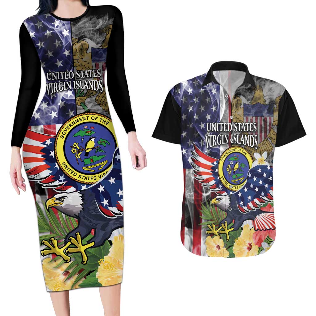 US Virgin Islands USA Half Flag Couples Matching Long Sleeve Bodycon Dress and Hawaiian Shirt Together We Grow Smoke Effect - Wonder Print Shop