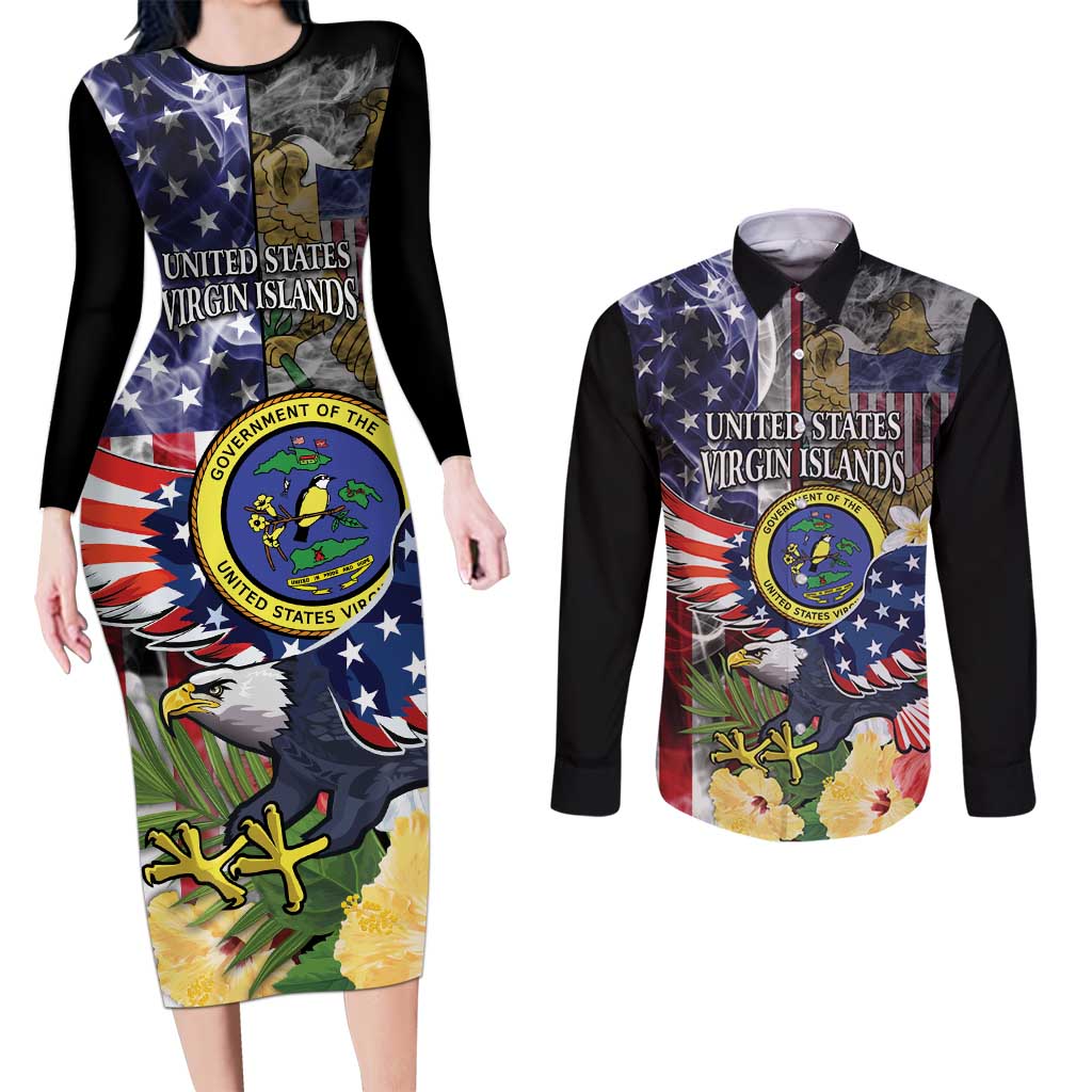 US Virgin Islands USA Half Flag Couples Matching Long Sleeve Bodycon Dress and Long Sleeve Button Shirt Together We Grow Smoke Effect - Wonder Print Shop