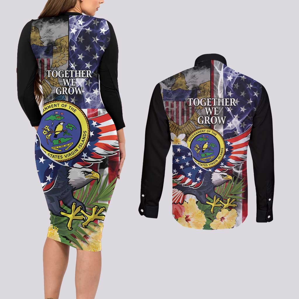 US Virgin Islands USA Half Flag Couples Matching Long Sleeve Bodycon Dress and Long Sleeve Button Shirt Together We Grow Smoke Effect - Wonder Print Shop