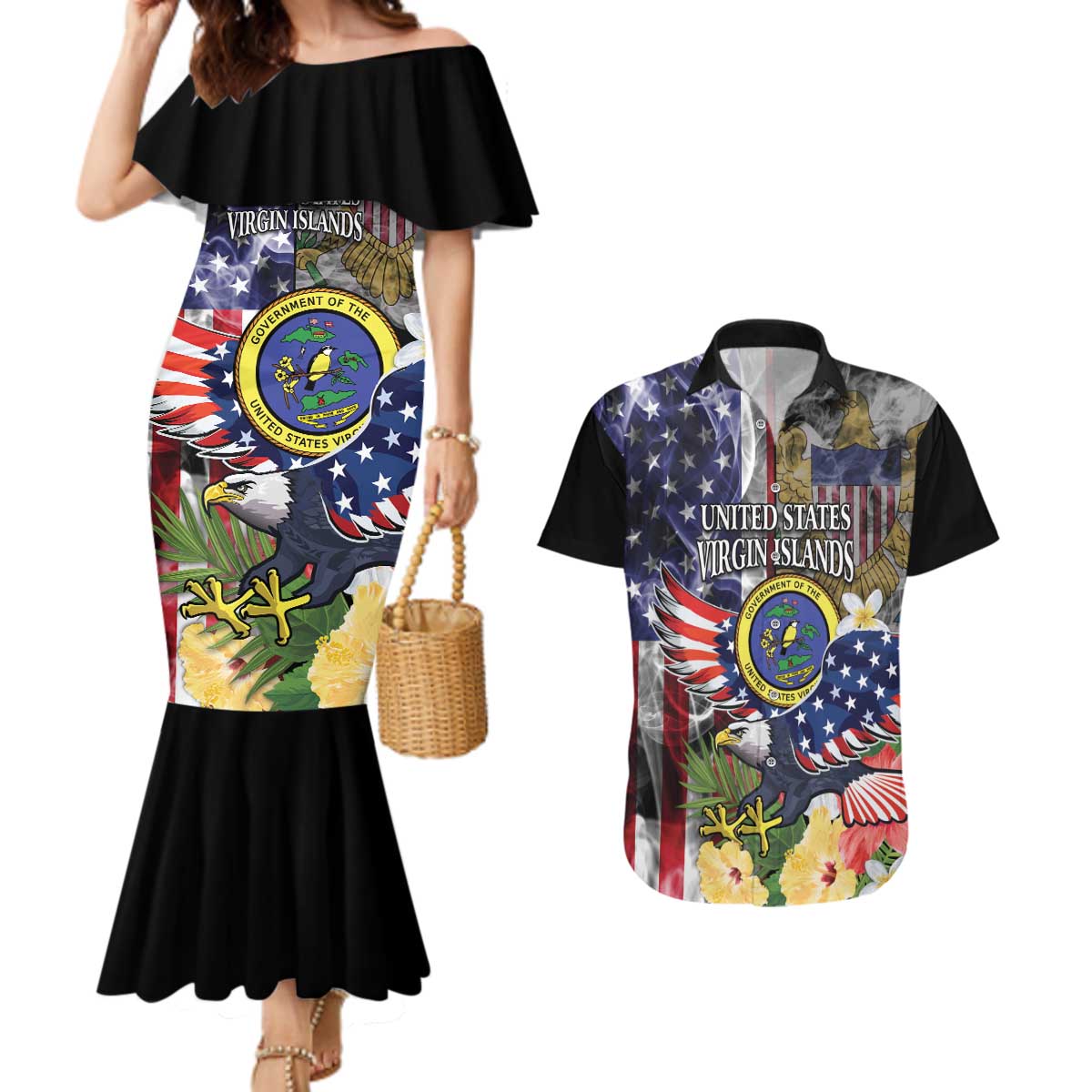 US Virgin Islands USA Half Flag Couples Matching Mermaid Dress and Hawaiian Shirt Together We Grow Smoke Effect - Wonder Print Shop