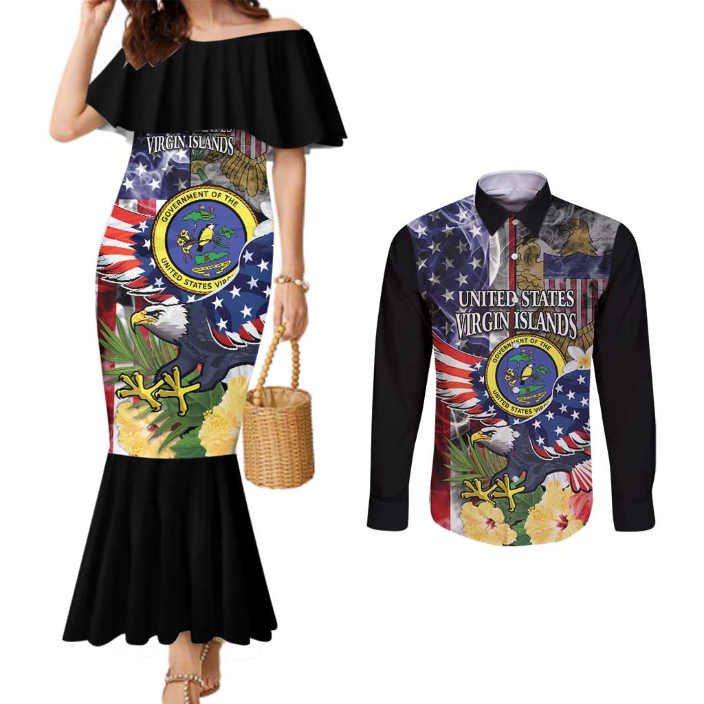 US Virgin Islands USA Half Flag Couples Matching Mermaid Dress and Long Sleeve Button Shirt Together We Grow Smoke Effect - Wonder Print Shop