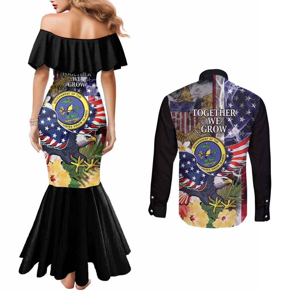 US Virgin Islands USA Half Flag Couples Matching Mermaid Dress and Long Sleeve Button Shirt Together We Grow Smoke Effect - Wonder Print Shop