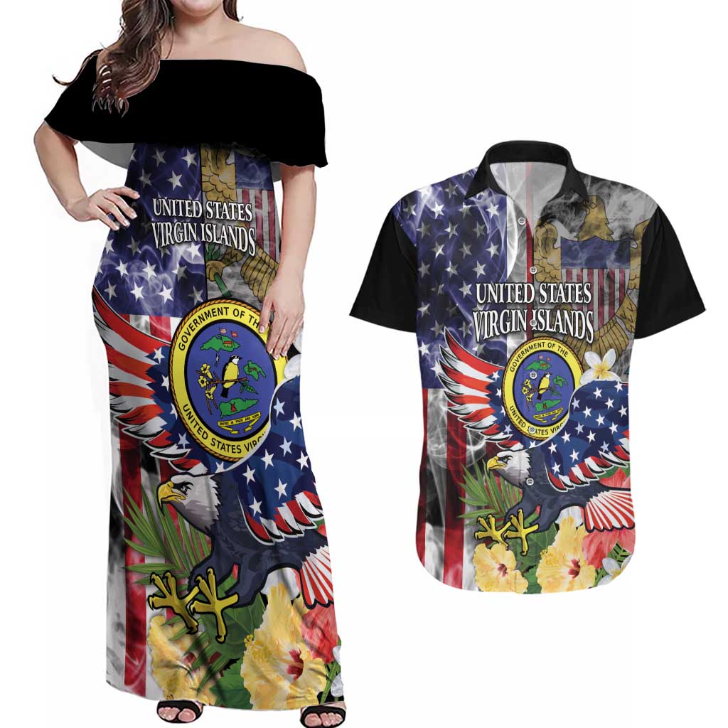US Virgin Islands USA Half Flag Couples Matching Off Shoulder Maxi Dress and Hawaiian Shirt Together We Grow Smoke Effect - Wonder Print Shop