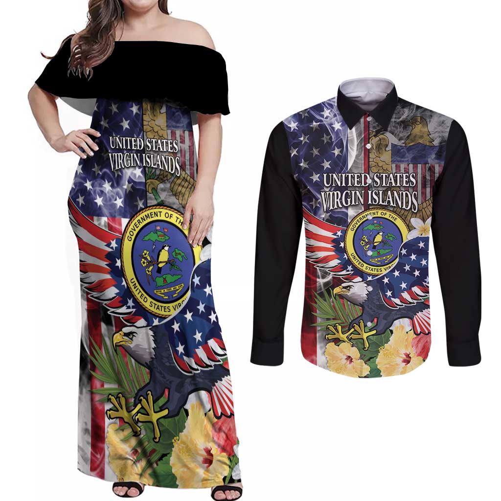 US Virgin Islands USA Half Flag Couples Matching Off Shoulder Maxi Dress and Long Sleeve Button Shirt Together We Grow Smoke Effect - Wonder Print Shop