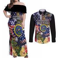 US Virgin Islands USA Half Flag Couples Matching Off Shoulder Maxi Dress and Long Sleeve Button Shirt Together We Grow Smoke Effect - Wonder Print Shop