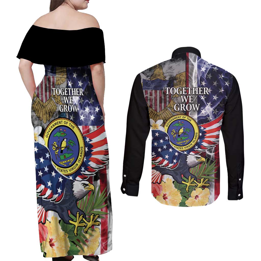 US Virgin Islands USA Half Flag Couples Matching Off Shoulder Maxi Dress and Long Sleeve Button Shirt Together We Grow Smoke Effect - Wonder Print Shop