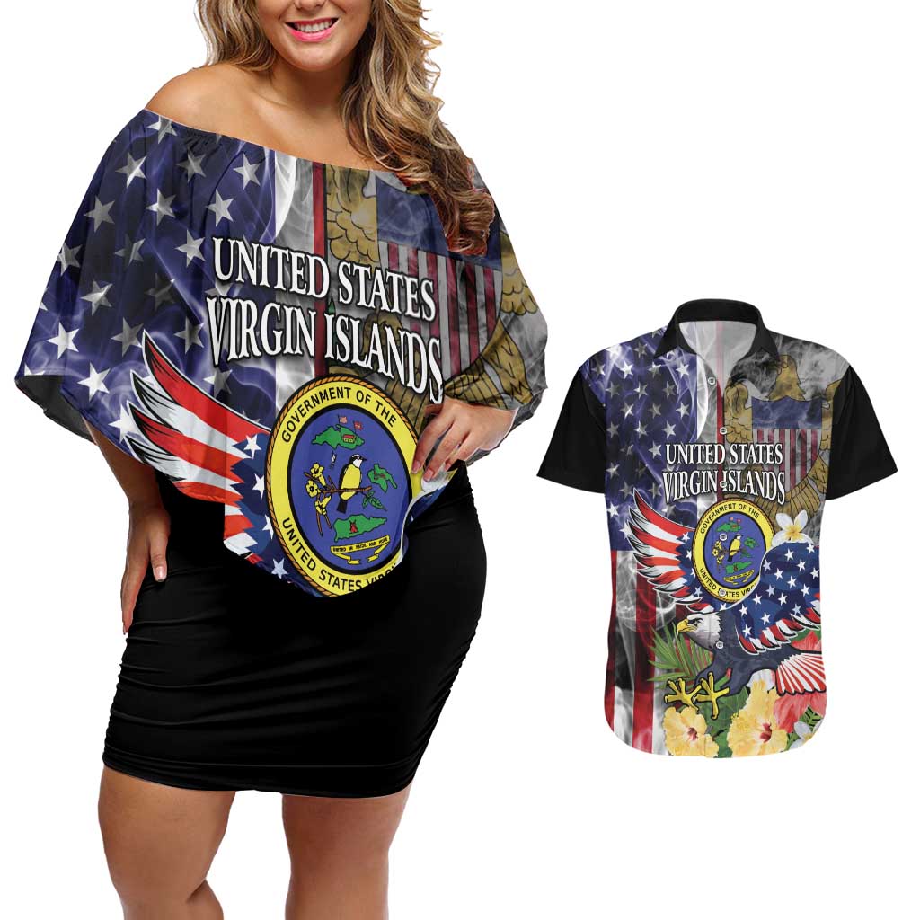 US Virgin Islands USA Half Flag Couples Matching Off Shoulder Short Dress and Hawaiian Shirt Together We Grow Smoke Effect - Wonder Print Shop