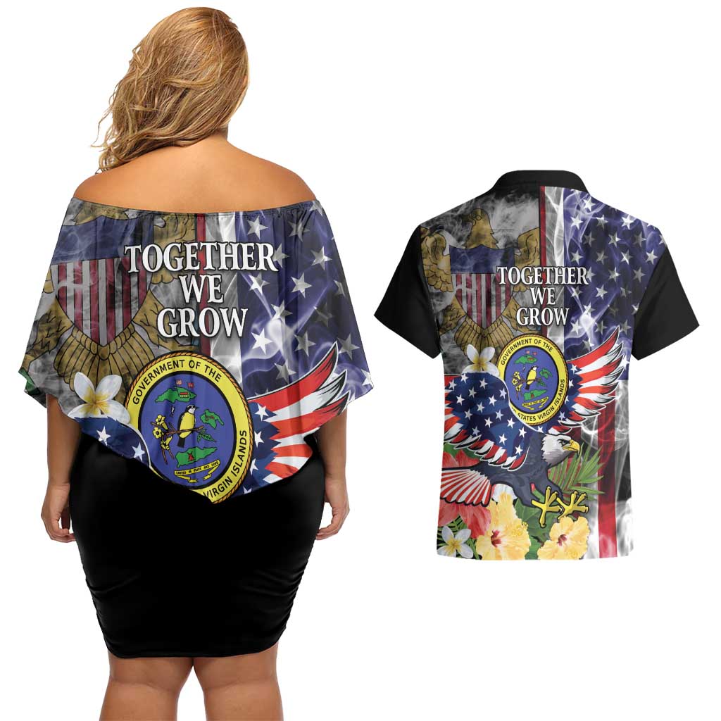 US Virgin Islands USA Half Flag Couples Matching Off Shoulder Short Dress and Hawaiian Shirt Together We Grow Smoke Effect - Wonder Print Shop