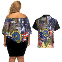US Virgin Islands USA Half Flag Couples Matching Off Shoulder Short Dress and Hawaiian Shirt Together We Grow Smoke Effect - Wonder Print Shop