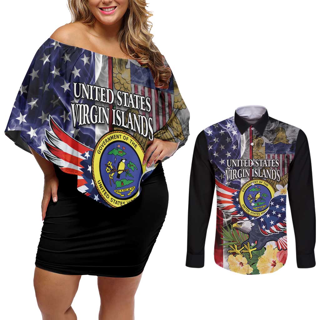 US Virgin Islands USA Half Flag Couples Matching Off Shoulder Short Dress and Long Sleeve Button Shirt Together We Grow Smoke Effect - Wonder Print Shop