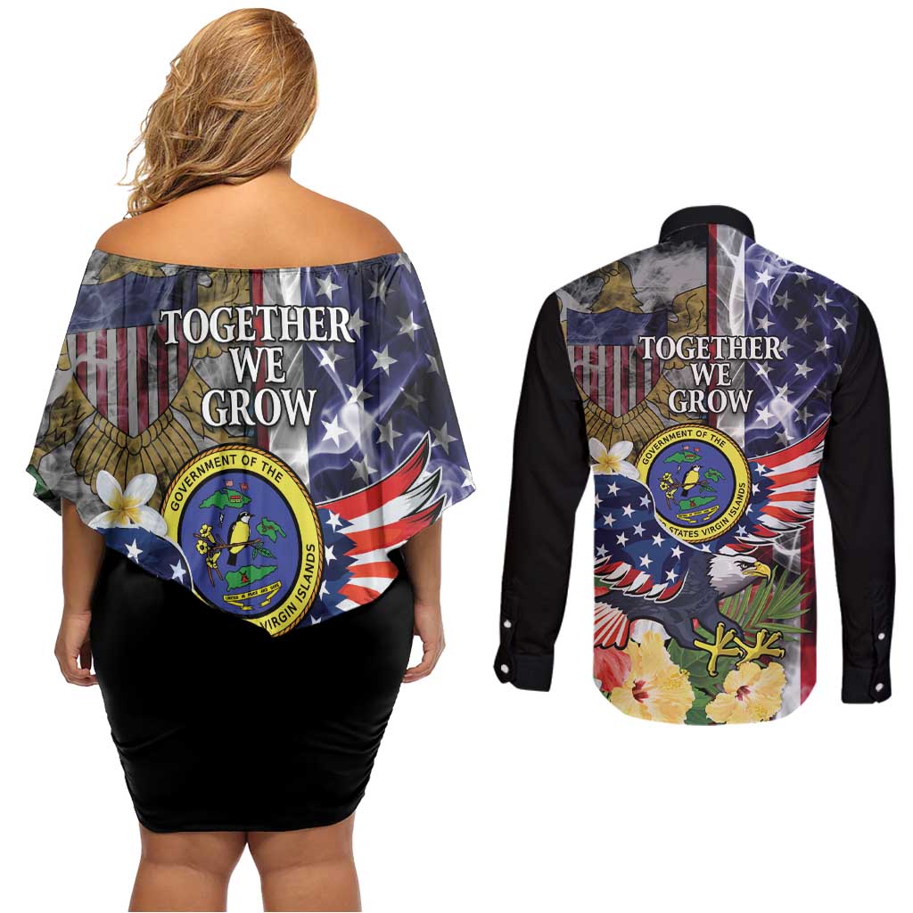 US Virgin Islands USA Half Flag Couples Matching Off Shoulder Short Dress and Long Sleeve Button Shirt Together We Grow Smoke Effect - Wonder Print Shop