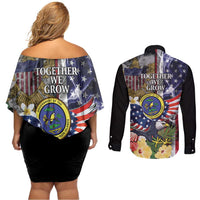 US Virgin Islands USA Half Flag Couples Matching Off Shoulder Short Dress and Long Sleeve Button Shirt Together We Grow Smoke Effect - Wonder Print Shop