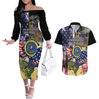 US Virgin Islands USA Half Flag Couples Matching Off The Shoulder Long Sleeve Dress and Hawaiian Shirt Together We Grow Smoke Effect - Wonder Print Shop