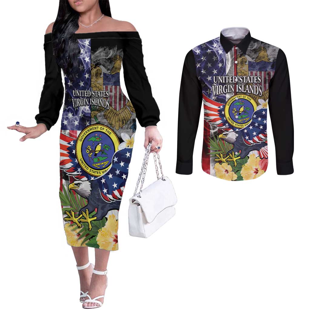 US Virgin Islands USA Half Flag Couples Matching Off The Shoulder Long Sleeve Dress and Long Sleeve Button Shirt Together We Grow Smoke Effect - Wonder Print Shop