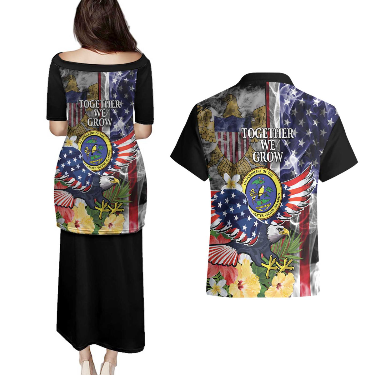 US Virgin Islands USA Half Flag Couples Matching Puletasi and Hawaiian Shirt Together We Grow Smoke Effect - Wonder Print Shop