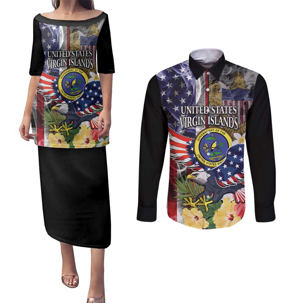 US Virgin Islands USA Half Flag Couples Matching Puletasi and Long Sleeve Button Shirt Together We Grow Smoke Effect - Wonder Print Shop