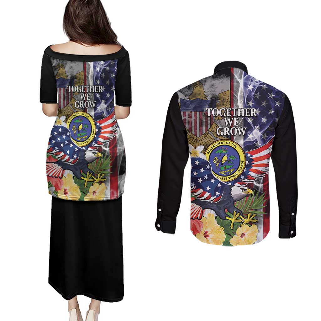 US Virgin Islands USA Half Flag Couples Matching Puletasi and Long Sleeve Button Shirt Together We Grow Smoke Effect - Wonder Print Shop