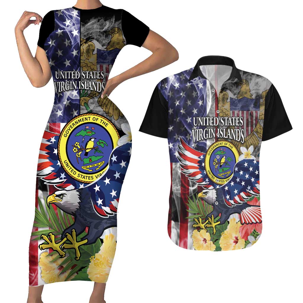 US Virgin Islands USA Half Flag Couples Matching Short Sleeve Bodycon Dress and Hawaiian Shirt Together We Grow Smoke Effect - Wonder Print Shop