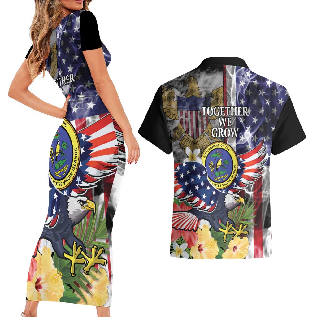 US Virgin Islands USA Half Flag Couples Matching Short Sleeve Bodycon Dress and Hawaiian Shirt Together We Grow Smoke Effect - Wonder Print Shop