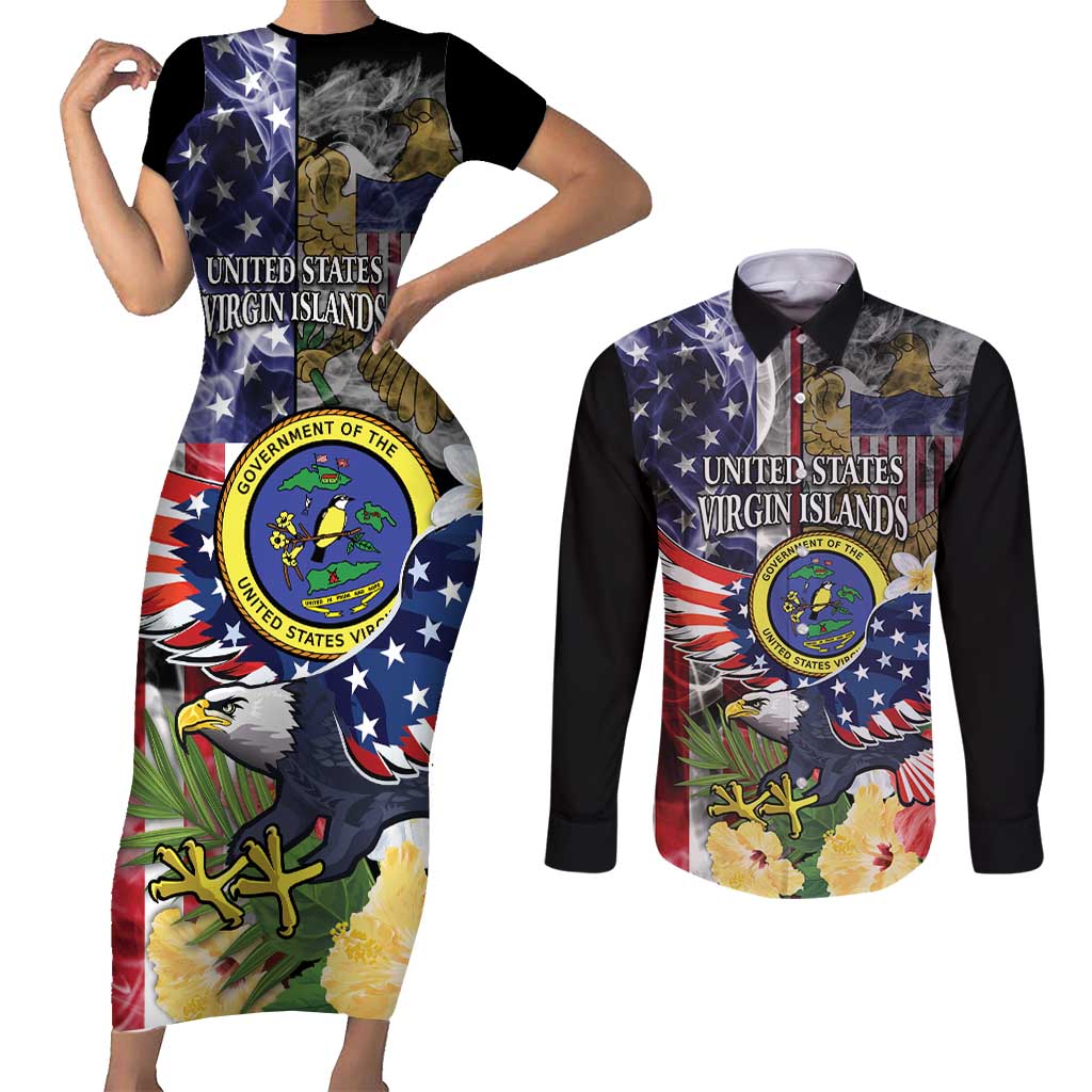 US Virgin Islands USA Half Flag Couples Matching Short Sleeve Bodycon Dress and Long Sleeve Button Shirt Together We Grow Smoke Effect - Wonder Print Shop
