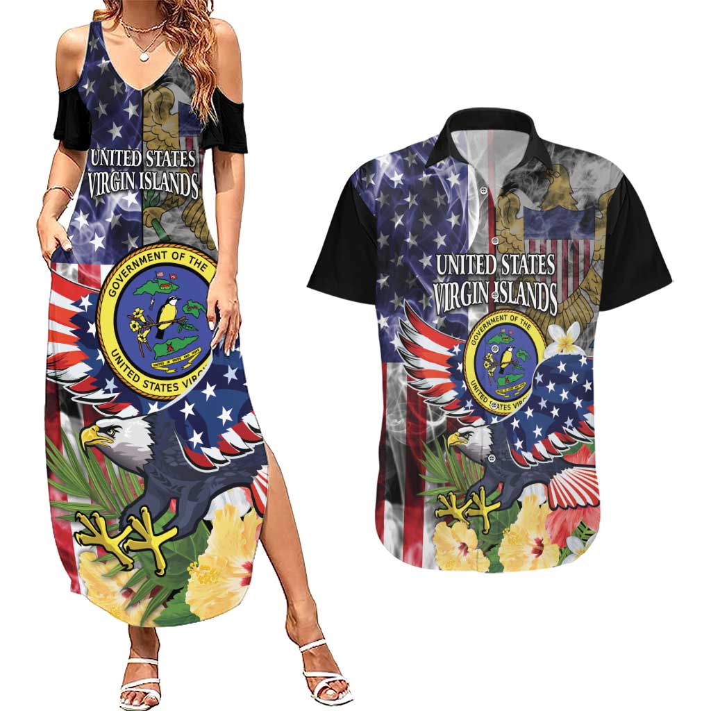US Virgin Islands USA Half Flag Couples Matching Summer Maxi Dress and Hawaiian Shirt Together We Grow Smoke Effect - Wonder Print Shop