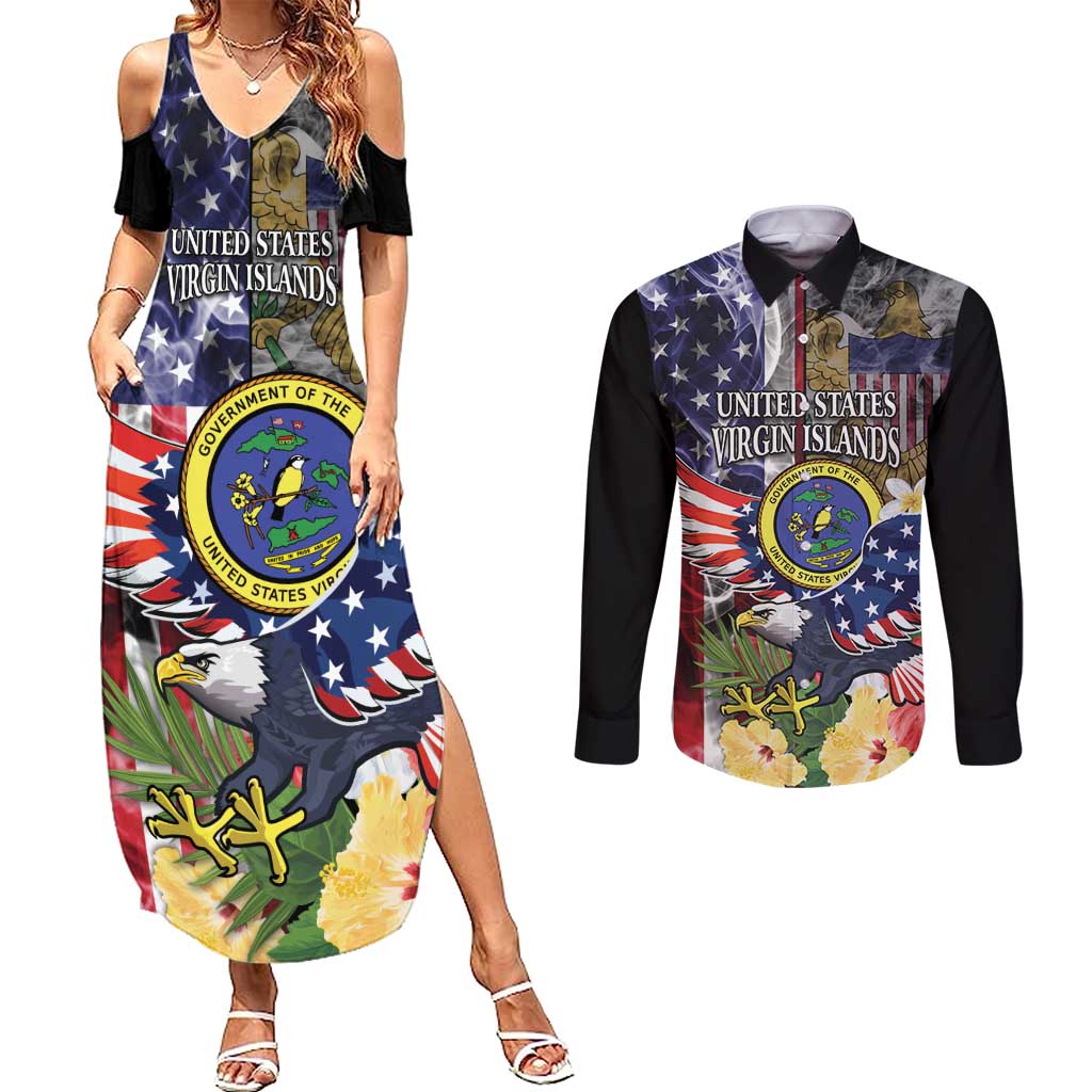 US Virgin Islands USA Half Flag Couples Matching Summer Maxi Dress and Long Sleeve Button Shirt Together We Grow Smoke Effect - Wonder Print Shop