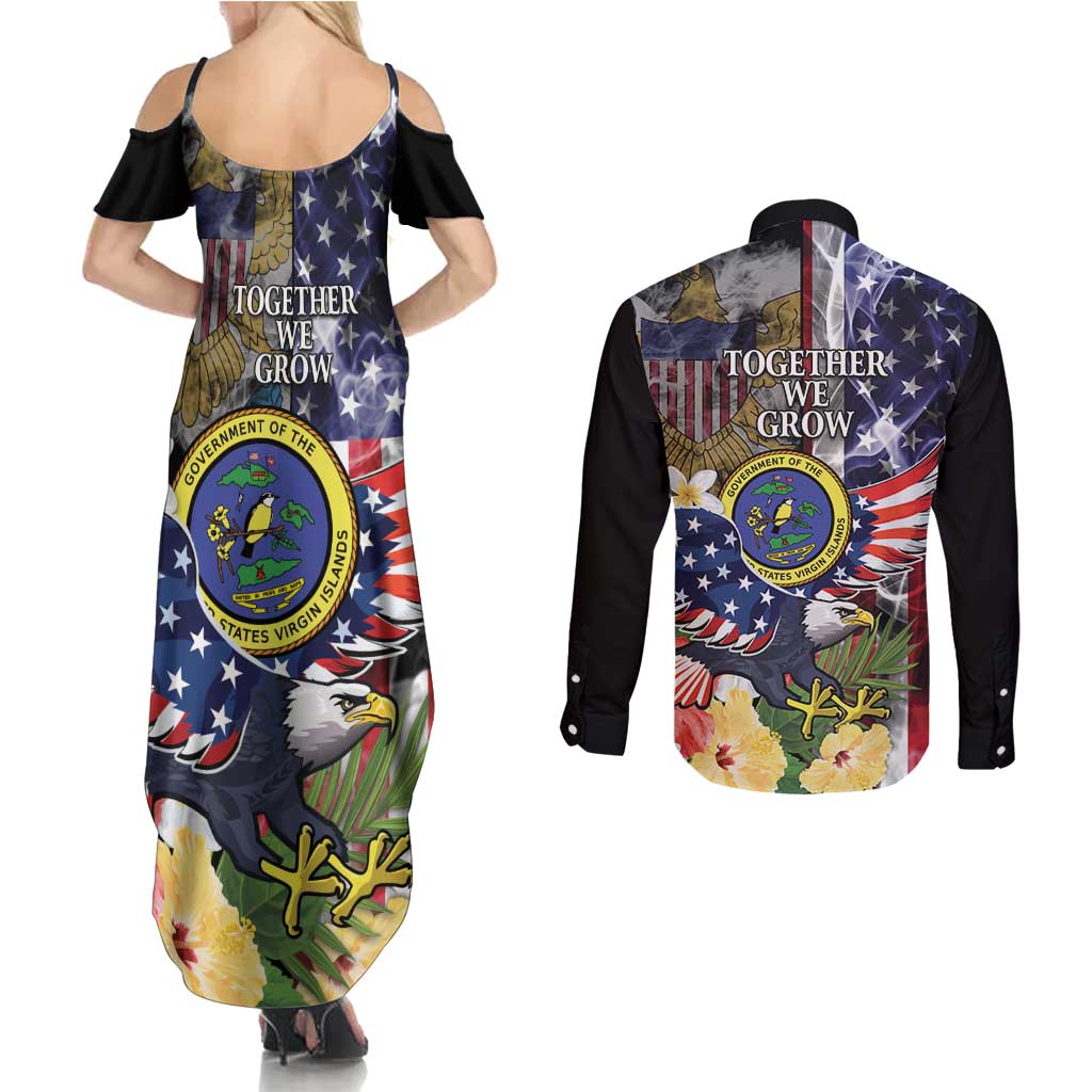 US Virgin Islands USA Half Flag Couples Matching Summer Maxi Dress and Long Sleeve Button Shirt Together We Grow Smoke Effect - Wonder Print Shop
