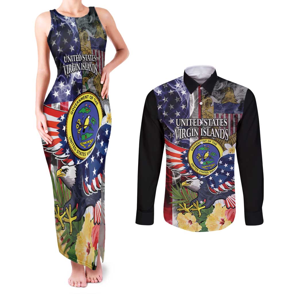 US Virgin Islands USA Half Flag Couples Matching Tank Maxi Dress and Long Sleeve Button Shirt Together We Grow Smoke Effect - Wonder Print Shop