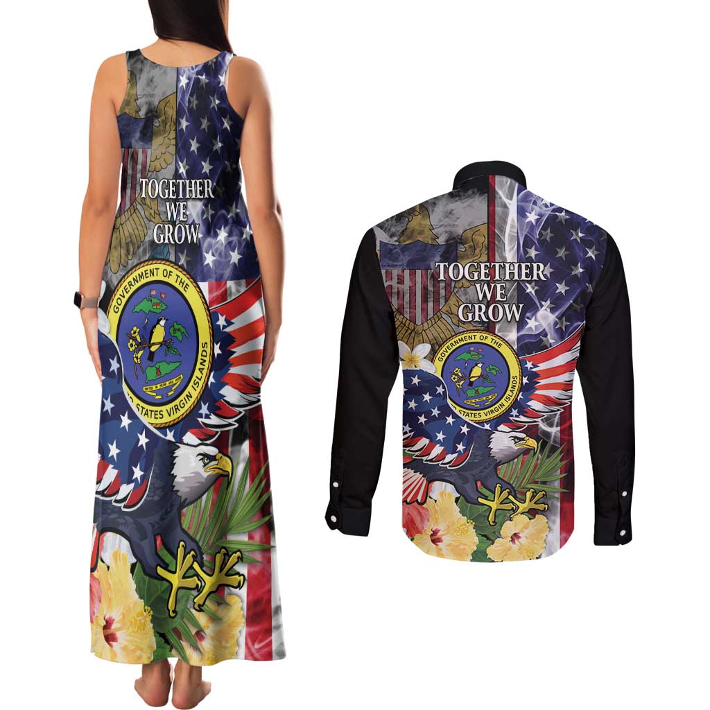 US Virgin Islands USA Half Flag Couples Matching Tank Maxi Dress and Long Sleeve Button Shirt Together We Grow Smoke Effect - Wonder Print Shop