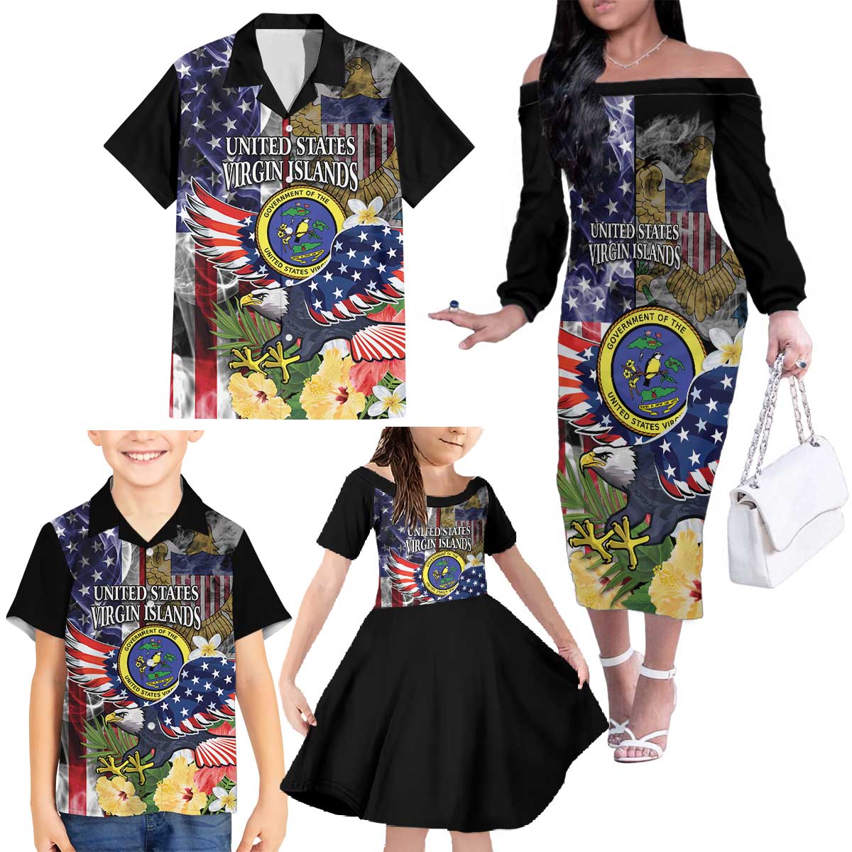 US Virgin Islands USA Half Flag Family Matching Off The Shoulder Long Sleeve Dress and Hawaiian Shirt Together We Grow Smoke Effect - Wonder Print Shop