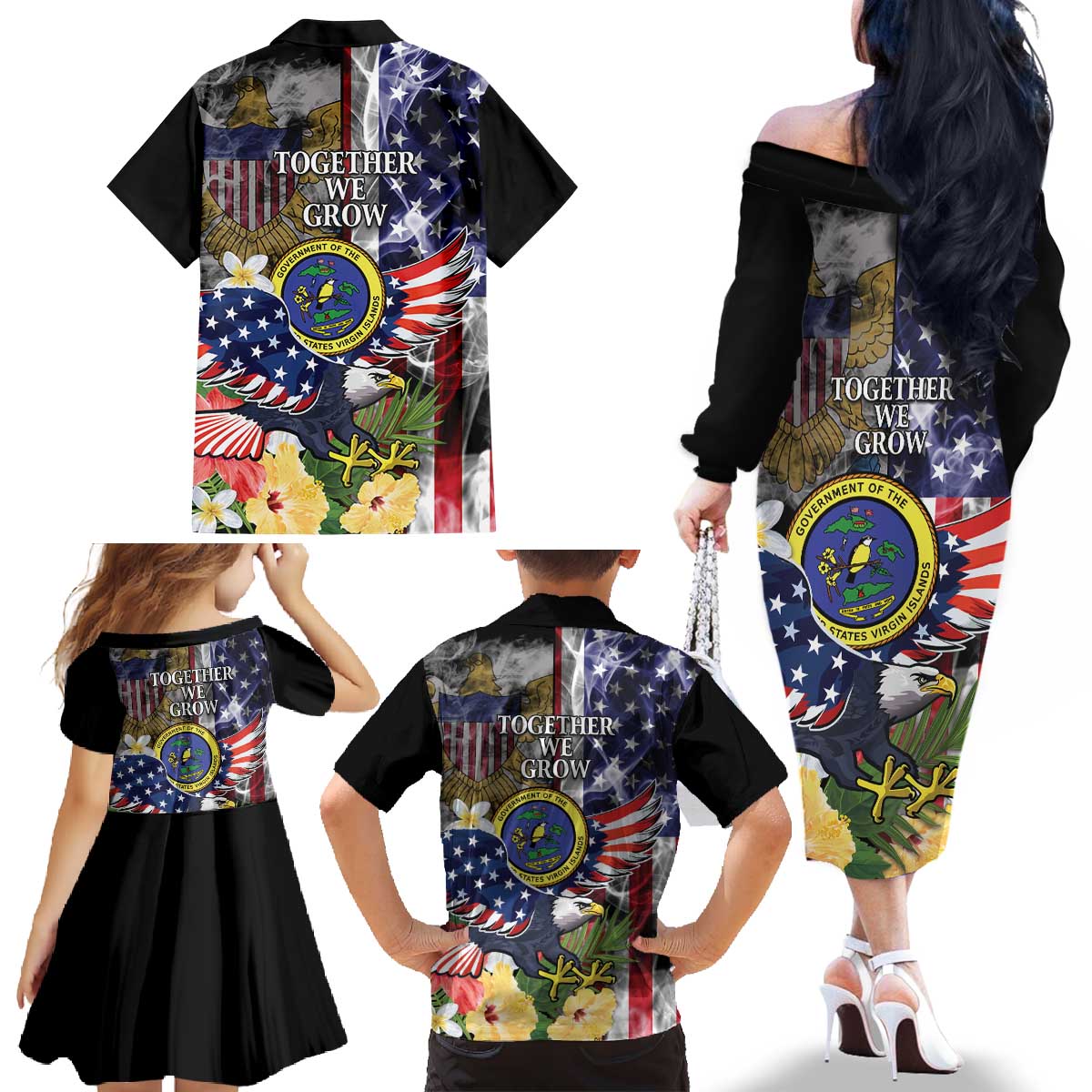 US Virgin Islands USA Half Flag Family Matching Off The Shoulder Long Sleeve Dress and Hawaiian Shirt Together We Grow Smoke Effect - Wonder Print Shop