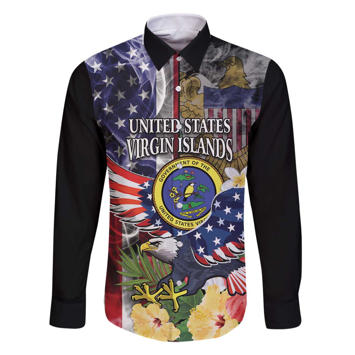 US Virgin Islands USA Half Flag Family Matching Off The Shoulder Long Sleeve Dress and Hawaiian Shirt Together We Grow Smoke Effect - Wonder Print Shop