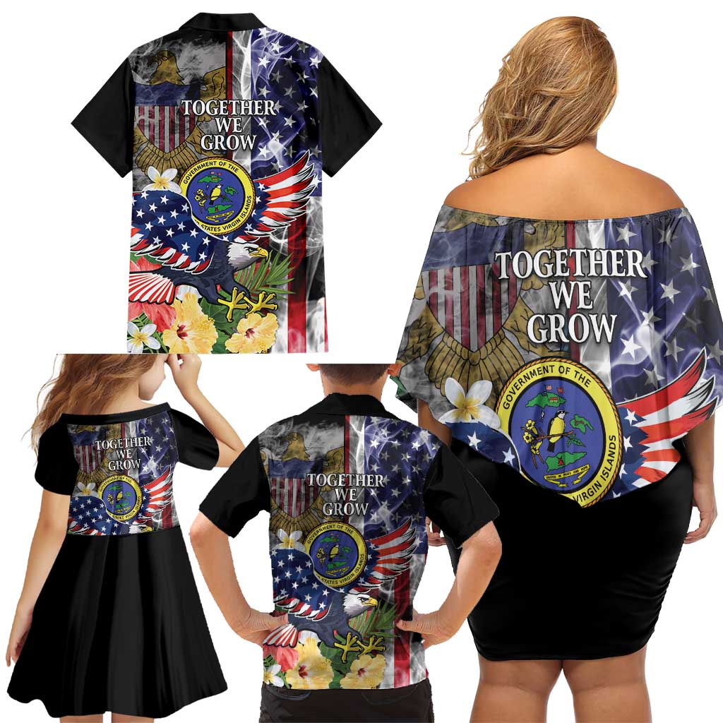 US Virgin Islands USA Half Flag Family Matching Off Shoulder Short Dress and Hawaiian Shirt Together We Grow Smoke Effect - Wonder Print Shop