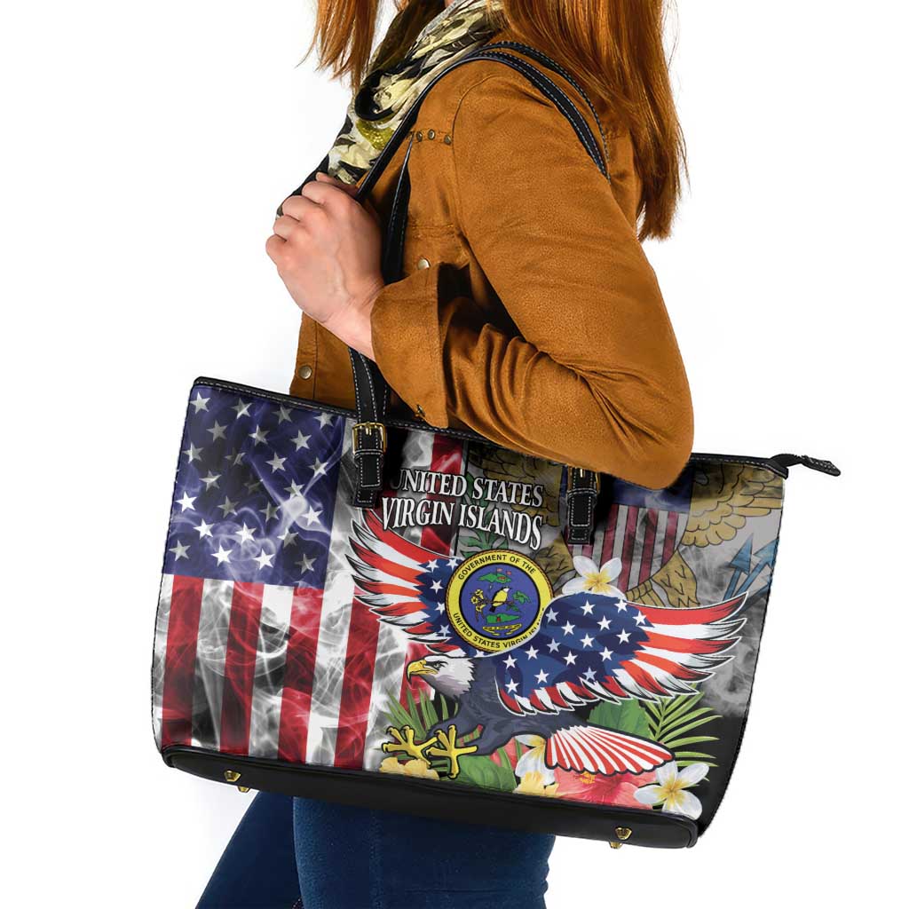 US Virgin Islands USA Half Flag Leather Tote Bag Together We Grow Smoke Effect - Wonder Print Shop