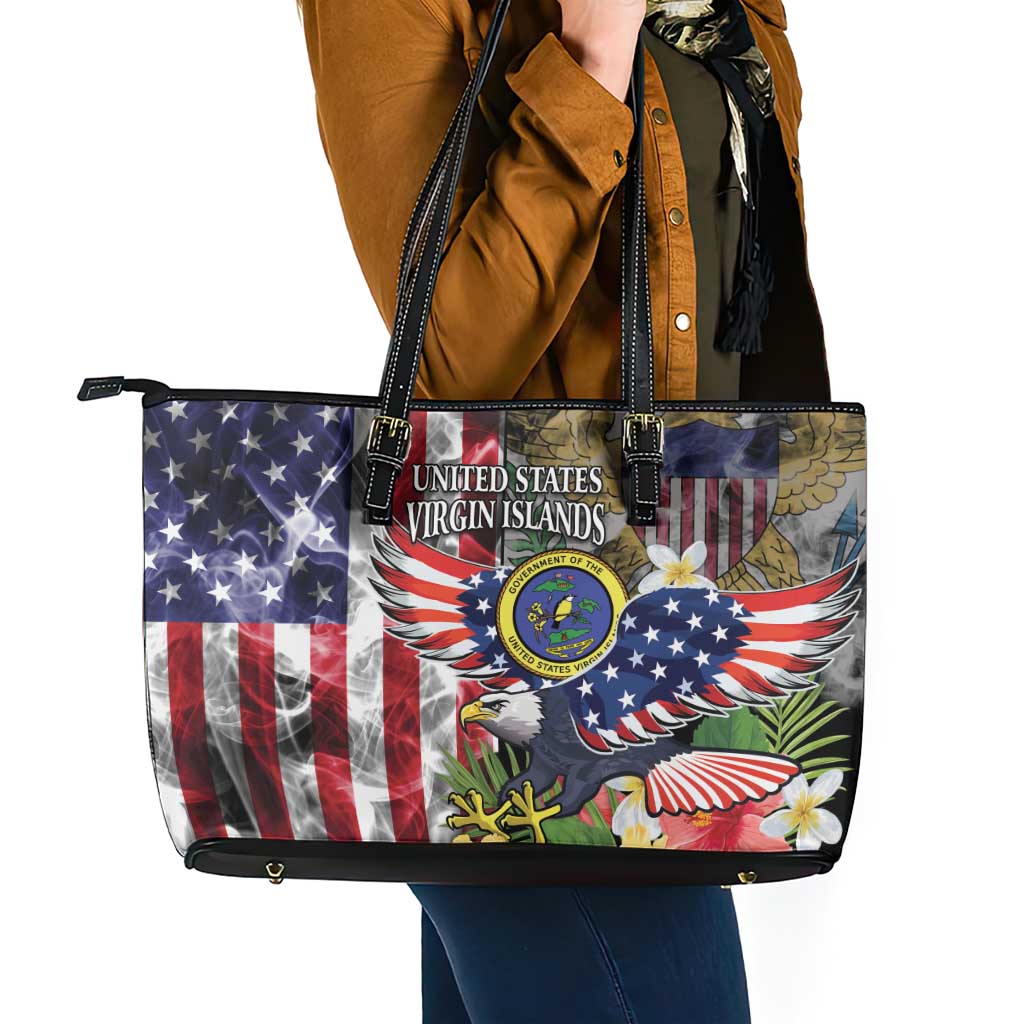 US Virgin Islands USA Half Flag Leather Tote Bag Together We Grow Smoke Effect - Wonder Print Shop