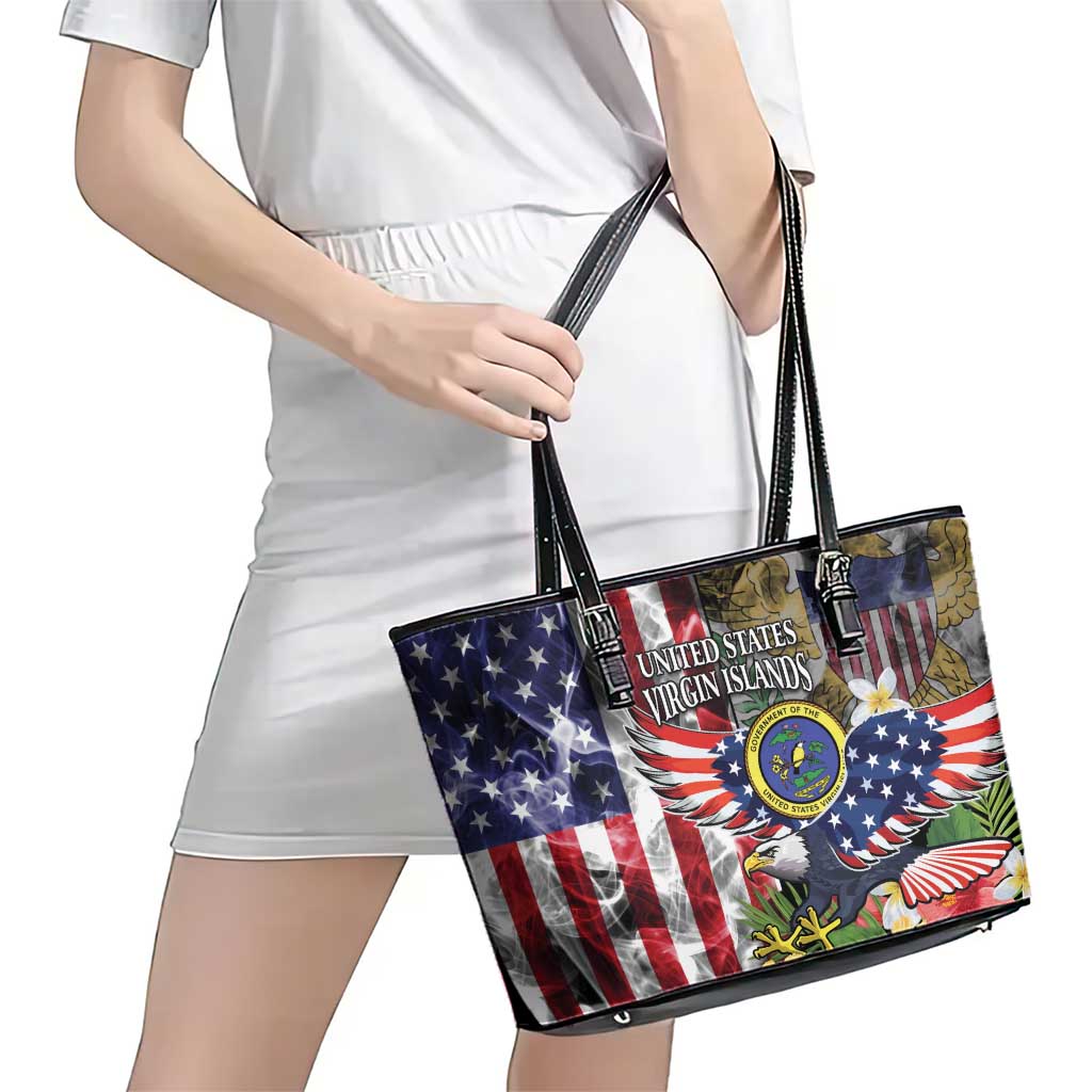 US Virgin Islands USA Half Flag Leather Tote Bag Together We Grow Smoke Effect - Wonder Print Shop