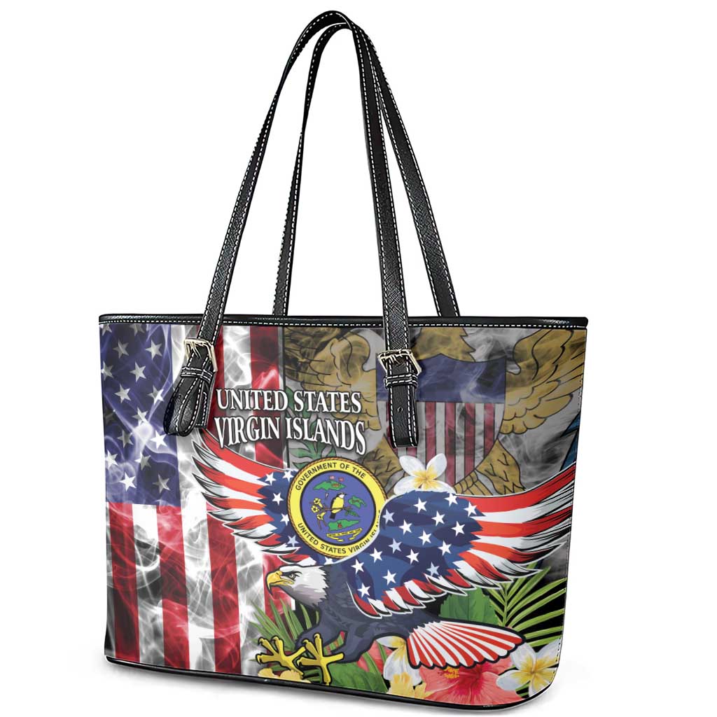 US Virgin Islands USA Half Flag Leather Tote Bag Together We Grow Smoke Effect - Wonder Print Shop