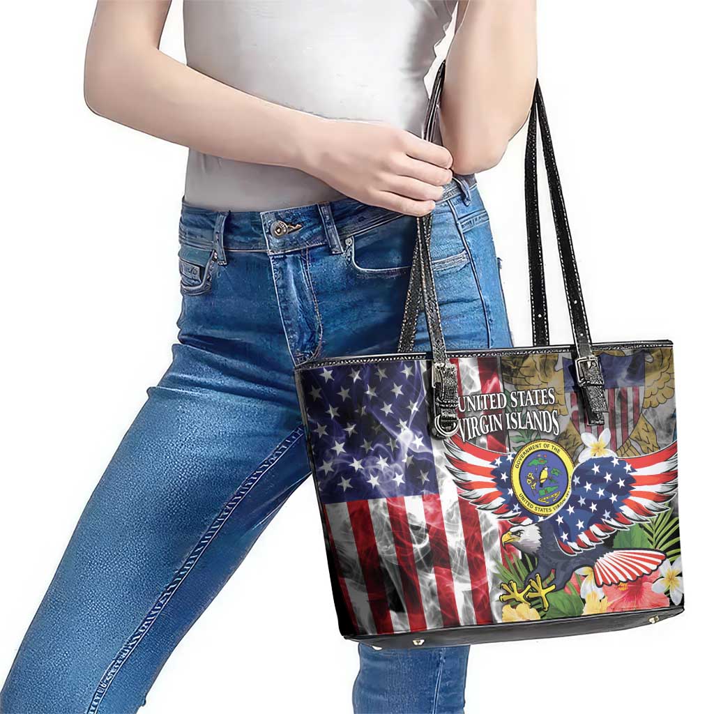 US Virgin Islands USA Half Flag Leather Tote Bag Together We Grow Smoke Effect - Wonder Print Shop
