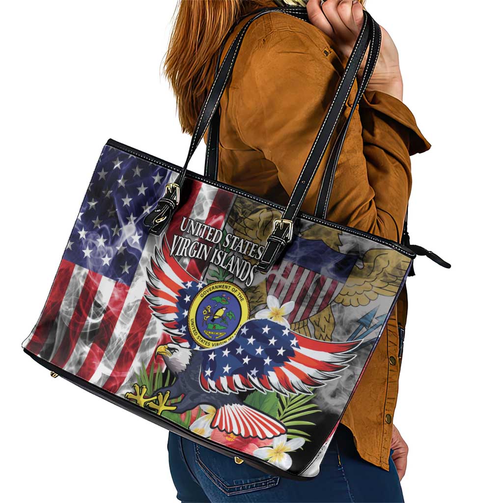 US Virgin Islands USA Half Flag Leather Tote Bag Together We Grow Smoke Effect - Wonder Print Shop