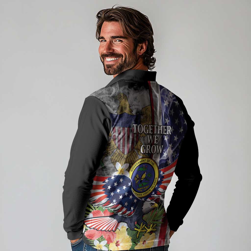 US Virgin Islands USA Half Flag Long Sleeve Polo Shirt Together We Grow Smoke Effect - Wonder Print Shop