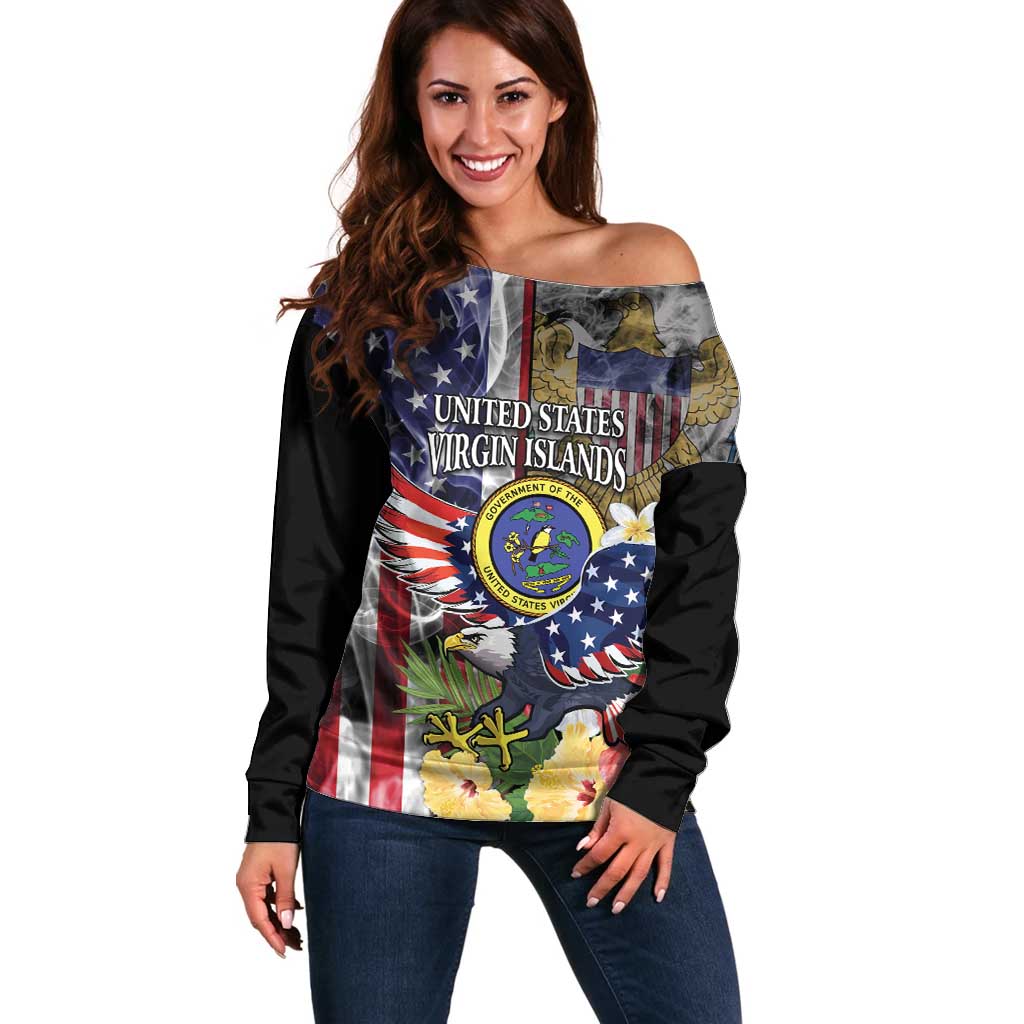 US Virgin Islands USA Half Flag Off Shoulder Sweater Together We Grow Smoke Effect - Wonder Print Shop