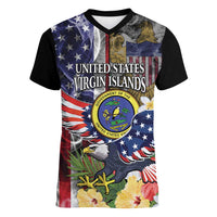 US Virgin Islands USA Half Flag Women V-Neck T-Shirt Together We Grow Smoke Effect - Wonder Print Shop