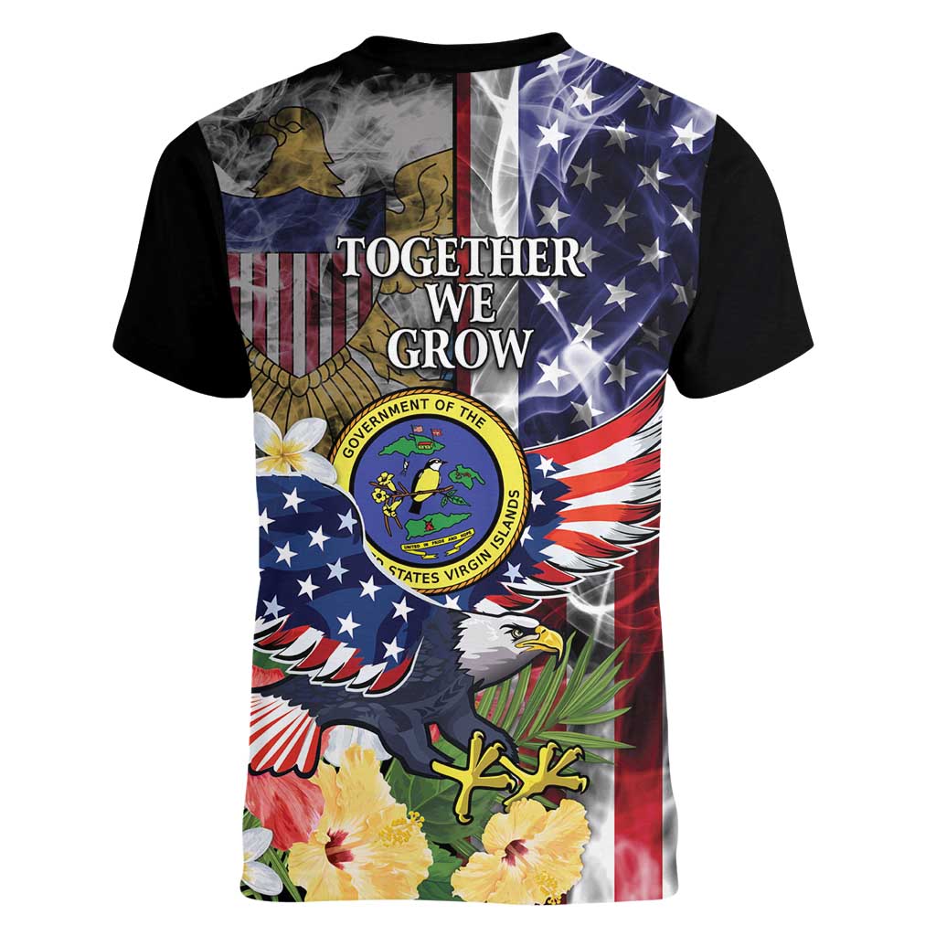 US Virgin Islands USA Half Flag Women V-Neck T-Shirt Together We Grow Smoke Effect - Wonder Print Shop