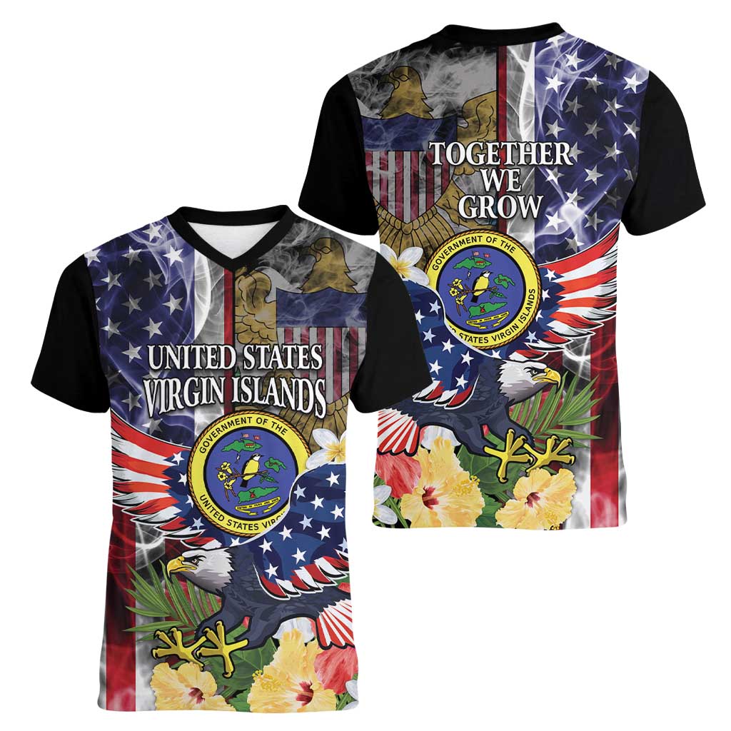 US Virgin Islands USA Half Flag Women V-Neck T-Shirt Together We Grow Smoke Effect - Wonder Print Shop